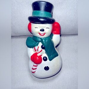Snowman Frosty Vintage Ceramic Mold 13” Top Hat Candy Cane Scarf Hand Painted